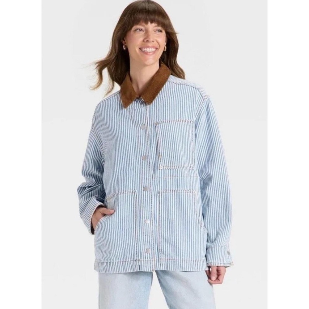 NWT Universal Thread Hickory Stripe Chore Jacket Blue White Corduroy Collar XL